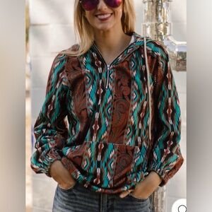 🤎🩵🤎Sterling Kreek Southbound Oversized Pullover 1/4 zip hood Tribal Print Aztec